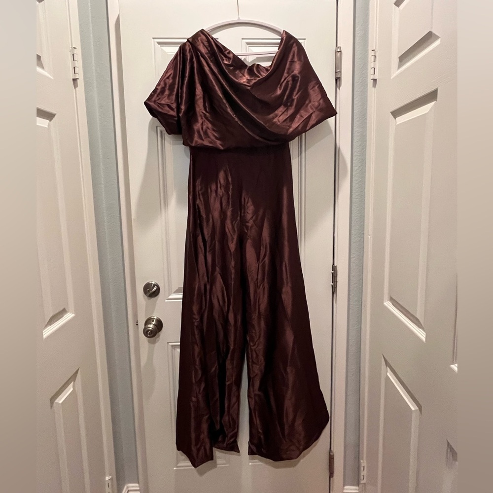 Elegant Asymmetrical Neck Floor Length Satin Jumpsuit